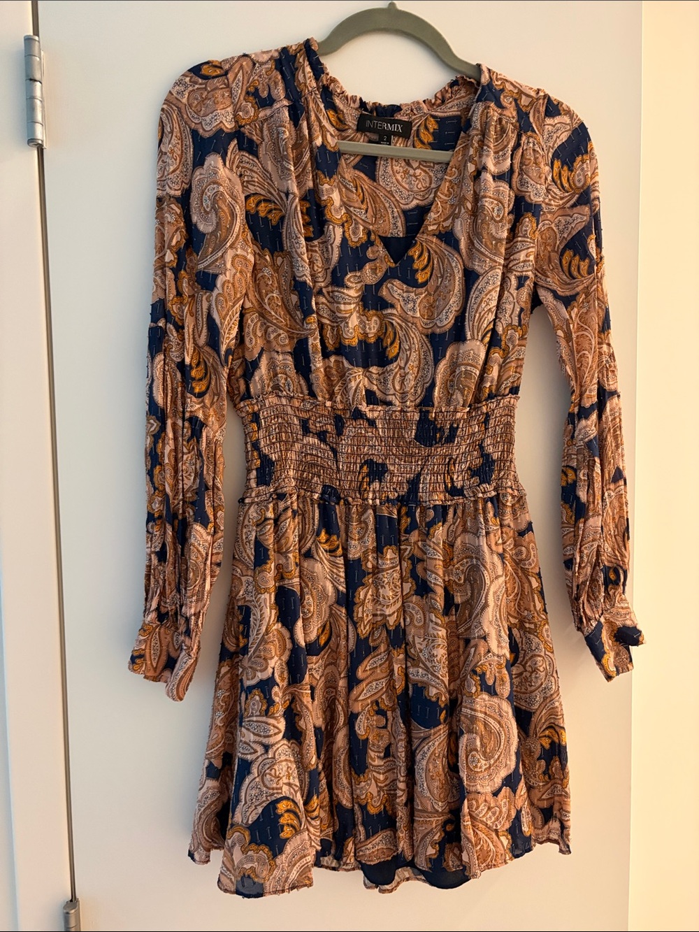 INTERMIX Navy and Beige Paisley Smocked-Waist Long Sleeve Dress